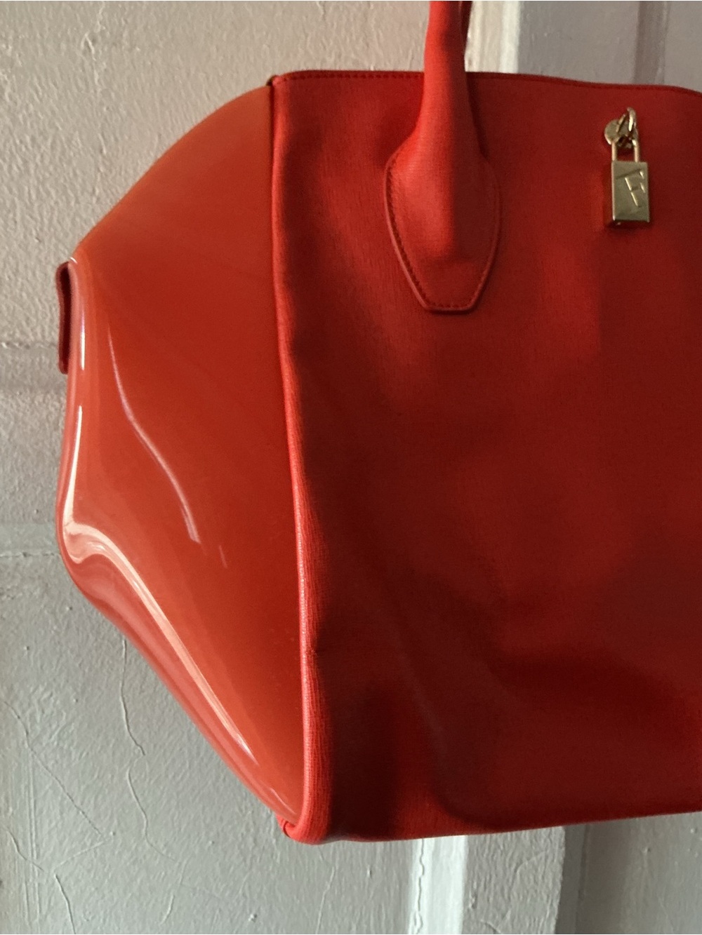 Furla Vibrant Red-Orange Structured Tote with Gold Lock - Picture 3 of 14